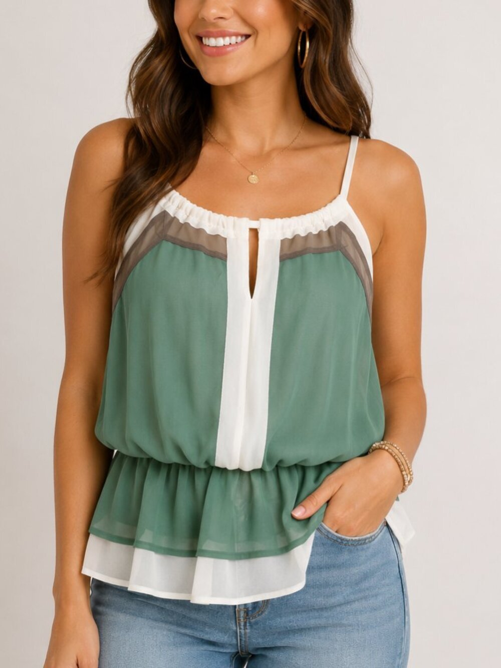 Chiffon Colorblock Sleeveless Blouse Ruffle Hem Tank Top NWT Small